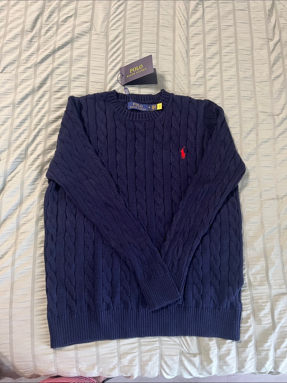 Polo by Ralph Lauren Navy Cable-Knit Crewneck with Red Pony Logo - Picture 2 of 4